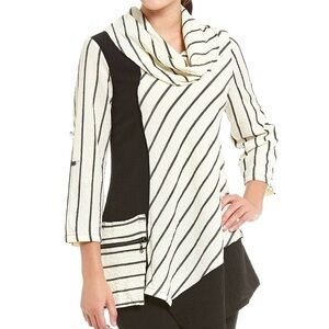 Ali Miles Asymmetrical Stripe Tunic Top Women’s Size S Zip Pocket Cowl Neck Boho
